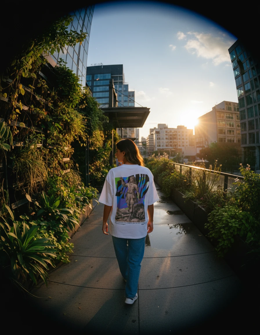 Woman walking through a city garden in the Timeless tee, seen from behind